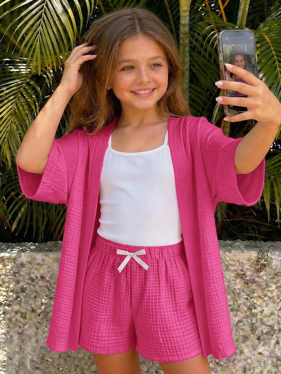 SHEIN Tween Girls' Summer Casual Vacation Textured Linen Shirt Set - Hot Pink - View 1