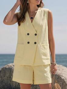 SHEIN Holidaya 夏季優雅兩件套，度假、六月節慶、外出穿搭，夏季假期穿搭，女士優雅優雅套裝，休閒通勤穿搭，淺黃色兩件套，鈕扣上衣，適合日常通勤、度假穿搭 - 黃色 - 查看 5