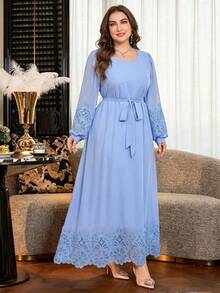 Al Najma Casual Minimalist Round Neck Ruffle Trim Lantern Sleeve Loose Regular Spring/Summer Plus Size Women Arabic Dress - Blue - View 3