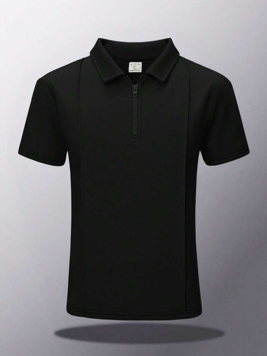 SHEIN 青少年男童黑色简约廓形 Polo 衫,休闲学院风,舒适时尚,百搭柔软面料,适合日常穿着、上学、旅行、返校季、假期、夏季海滩度假、春夏穿着。 - 黑色 - 查看 1
