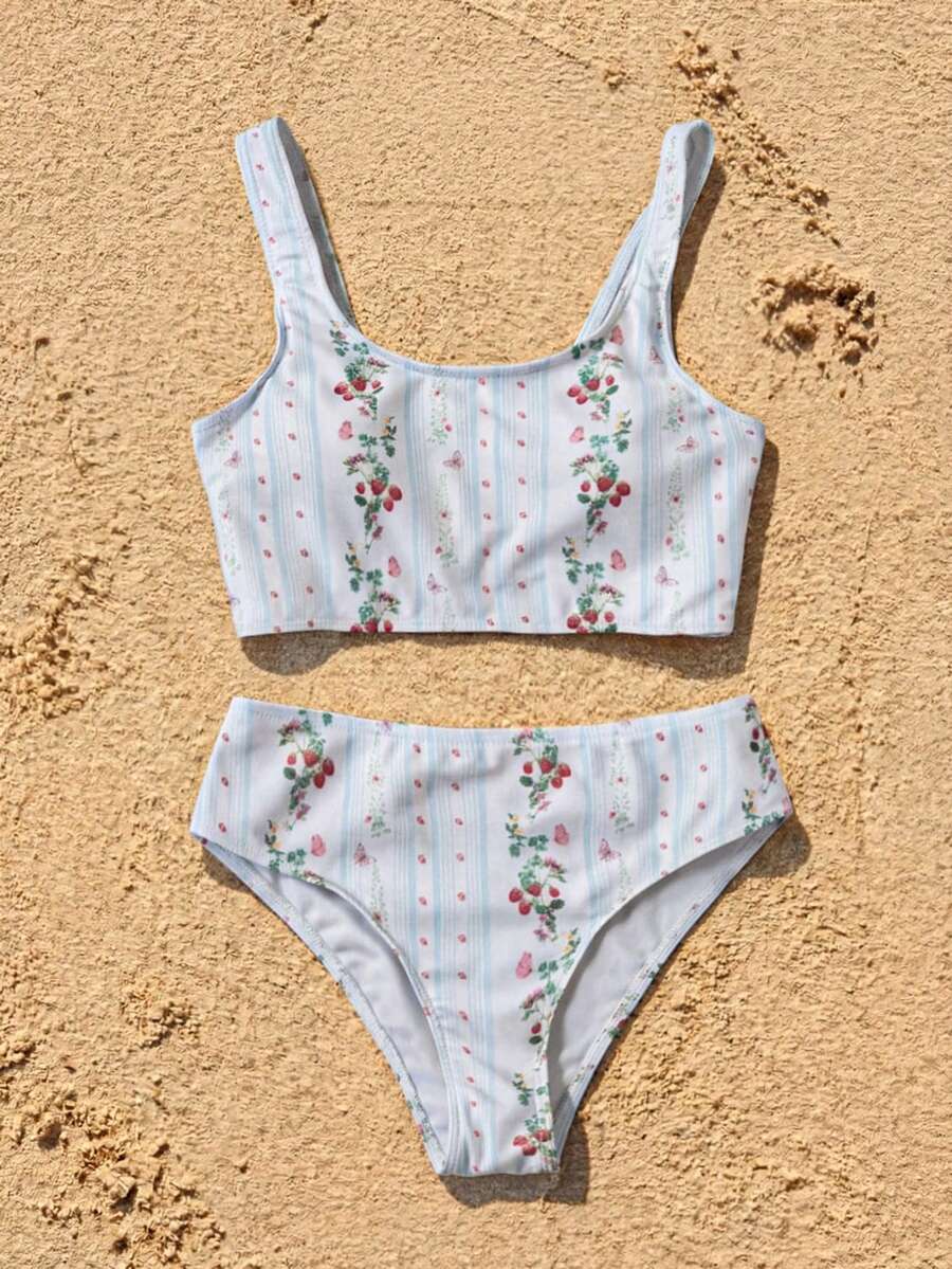 SHEIN Bộ đồ bơi hai dây và bikini tam giác tối giản, thoải mái cho bé gái tuổi teen, thích hợp cho mùa hè. - Màu xanh lam - Xem 1