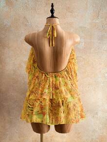 Mistrie 2026 Summer Bohemian Tropical Leopard Floral Print Halter Neck Off Shoulder Ruffle Hem Short Flowy Chiffon Mini Dress Women Beach Vacation Holiday - Multicolor - View 6