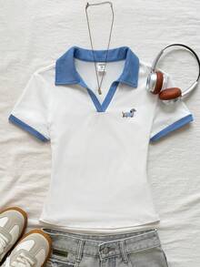 SHEIN Tween Girls' Casual School Style White&Blue Contrast Collar Knit Fitted Crop Top,Cartoon Logo Embroidery,Ribbed Cuffs POLO Shirt,Back To Outfit - White - View 2