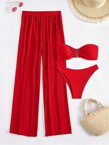 Bonvoyette Women's Summer Vacation Beach Ruched Bandeau Bikini Set And Pants - Red - View 4