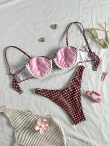 Swim Mod Conjunto de Bikini de 2 Piezas con Aros, Estampado de Lunares & Estampado Aleatorio, Traje de Baño Sexy para Vacaciones de Primavera/Verano - Multicolor - Ver 2