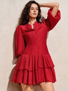 Revavyn Elegant Red Autumn Tea Party Mini Dress,Sweet Mandarin Collar Lantern Sleeve Textured Fabric Button Design Waist Cinching Double-Layer Ruffle Hem - Burgundy - View 3