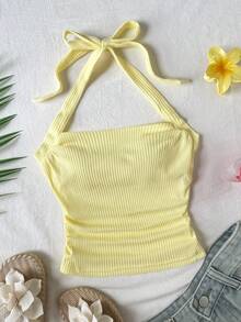 SHEIN 少女夏季柔软针织吊带背心，适合日常穿着、外出、度假、露营、拍照、搭配亲子装等多种场合。 - 黃色 - 查看 1