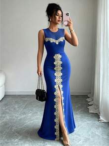 Elenzga Women's Contrast Embroidery Round Neck Mesh Patchwork High Slit Sleeveless Dress - Blue - View 5