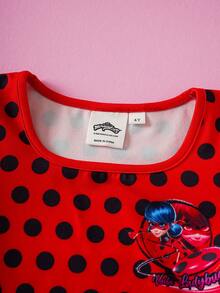 Miraculous Ladybug X SHEIN Cartoon Character Polka Dot Print Square Neck Casual T-Shirt For Young Girl - Red - View 3