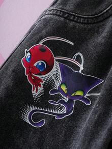 Miraculous Ladybug X SHEIN Quần jeans cạp chun in hình hoạt hình thời trang dành cho bé gái - màu đen - Xem 5