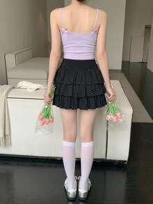 DAZY 女款休閒波點百褶韓風短裙，荷葉邊裙襬，校園風 - 黑色 - 查看 2