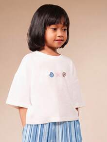 SUMWON Girls Oversized Seashell Graphic Co-Ord Set Crew Neck Tee And Striped Wide-Leg Ruffle Pants Summer Beach - Blue - View 3