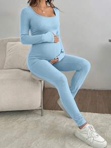 SHEIN Bộ đồ liền thân Bà bầu - Màu xanh nhạt - Xem 1