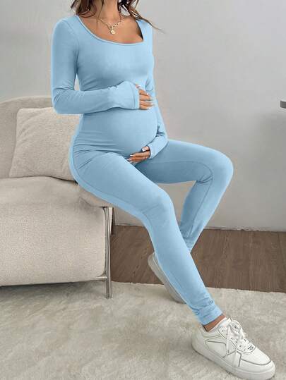 SHEIN Maternity Solid Color Scoop Neck Slim Fit Long Sleeve Jumpsuit, Summer