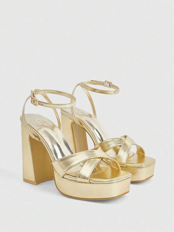 CUCCOO LuxiPop Women's Shoes Gold Metal PU Cross Strap Design Stylish Sexy High Coarse Heel Water Table Sandals