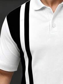Manfinity Homme 加大码男士黑白竖条纹Polo衫，轻薄夏季商务休闲条纹Polo衫，男士撞色条纹短袖高尔夫Polo衫，男士夏季小马刺绣领短袖Polo衫 - 彩色 - 查看 6