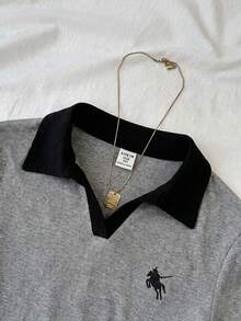 SHEIN 少女款海军蓝白领针织休闲撞色修身短款上衣，带小号Logo刺绣 - 深灰色 - 查看 4
