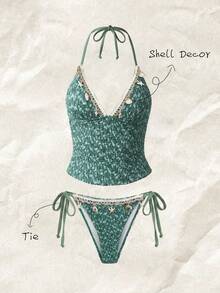 Elavelle Áo bikini hai dây mảnh, chất liệu jacquard, viền vỏ sò, dành cho nữ, mùa xuân/hè. - Màu xanh ngọc - Xem 3