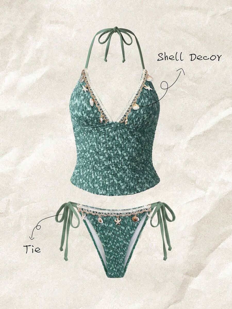 Elavelle Women's Spring/Summer Jacquard Fabric Spaghetti Strap Shell Trim Tank Top Bikini - Teal Blue - View 1