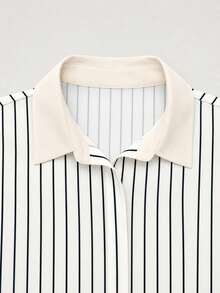 GlowEve Blusa elegante de diseño único con cuello vuelto, de manga corta, cintura ceñida y estampado digital de rayas sueltas, adecuada para el trabajo, el transporte, las vacaciones y el ocio - Albaricoque - Ver 3