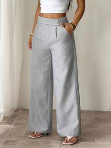 SHEIN PETITE CURVE 大码女式竹纤维面料腰部前扣设计优雅教师制服休闲裤 - 灰色 - 查看 6