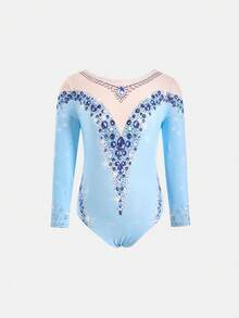 SHEIN 1pc Tween Girls' Cute Light Blue Diamond Pattern Long Sleeve Romper,Summer Active Dancewear,Comfortable Fitted Knit For Gymnastics,Stage Performance - Blue - View 4