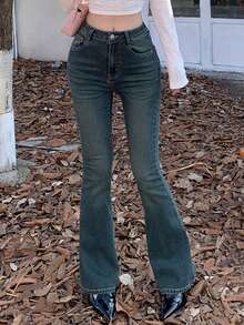 Joudiya Solid Flare Leg Jeans - Dark Wash - View 4