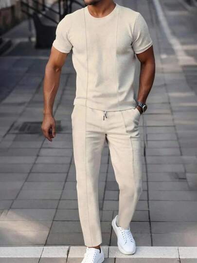Manfinity Homme 2 Stück/Set Herren Lässig einfarbig beige Kurzarm Top und Hose Zweiteiler, Sommer Co-Ord cremefarbener Outfit. Ein tolles Geschenk für einen Freund oder Ehemann., Gemütliche Outfits