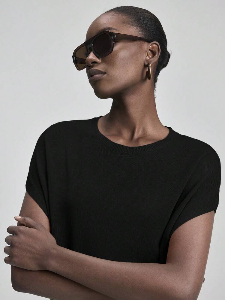 Women's Black Summer Effortles Chic Office 3D Hollow Arc Shoulder Sleeve Knit Top,Elegant Wedding Guest Minimalist French Luxury Urban Business Casual