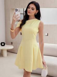 Modelyn Pale Yellow Asymmetric Neck Ruffle Hem Mini Dress - Light Yellow - View 8