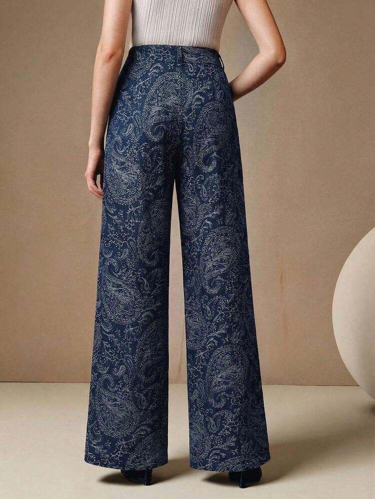 Blue Paisley All-Over Print Wide Leg Long Pants For Petite Women, High Waist Button Fly, Side Pockets, Women's Vacation Casual Pants