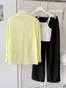 SHEIN Tween Girl 騎士刺繡長袖上衣、背心與長褲休閒套裝 - 黃色 - 查看 2