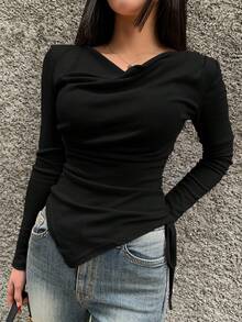 DAZY Women's Solid Color Draped Collar Asymmetrical Hem T-Shirt With Drawstring On The Side Long Sleeve Women Tops - Black - View 3