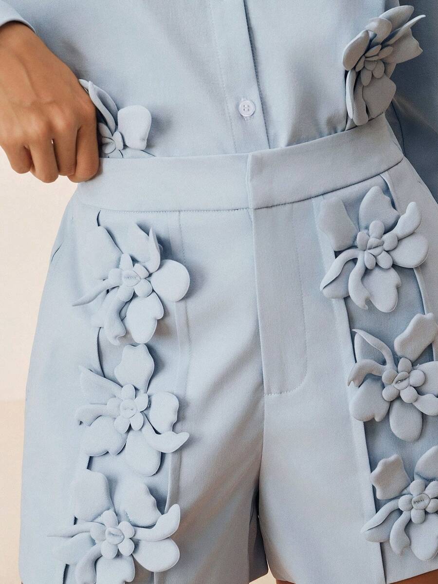 Anewsta 女士夏季休闲通勤百搭蓝色3D印花短裤