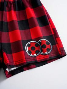 Miraculous Ladybug X SHEIN طقم بيجامة للفتاة الصغيرة يتكون من كامسول مطبوع عليه حرف وشورت مربعات - الأسود - مشاهدة 6