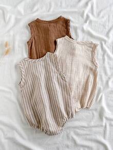 SHEIN Vintaside Kids 男婴夏季柔桃色、复古棕色、经典条纹三色套装，略带弹力，前开襟抽绳设计。复古日常休闲风格。多种颜色可选，适合各种穿搭风格。宽松版型。适合日常户外活动、上学、度假、运动、聚会等多种场合。用途广泛。 - 彩色 - 查看 2