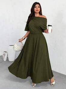 Firerie Plus Size Women Vacation Asymmetric Shoulder Fashionable Ruffle Dress - Army Green - View 8