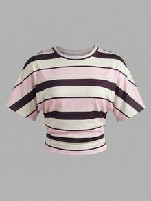 SHEIN Áo thun nữ tuổi teen màu trắng dệt kim, eo nhún, cổ tròn, tay ngắn, dáng croptop, kiểu dáng thường ngày. - Nhiều màu - Xem 5