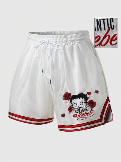 ROMWE MEN Betty Boop | ROMWE Men's Summer Casual Sports Everyday Commute Drawstring Waist Cartoon Letter Floral Embroidery Contrast Stripe Loose Shorts