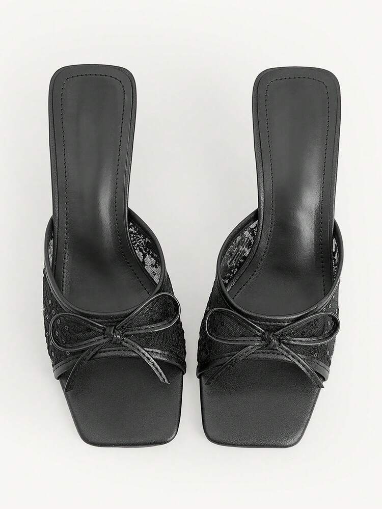 CUCCOO CHICEST Women Shoes Black Lace Mesh Square Head Kitten And Sandals, Bow Decoration, Commuter Dating Temperament Half Slippers