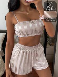 Livesso Bộ đồ ngủ 2 món áo hai dây ngắn sọc và quần short rộng, đồ ngủ mùa hè cho nữ - Màu Khaki - Xem 12