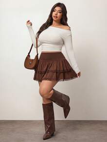 Enliva Plus Size Women Chocolate Brown Short A-Line Skirt, Cake Style, For Apple And Rounded Body Shape - Brown - View 6