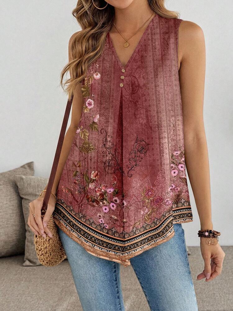 EMERY ROSE Camisa sin mangas con cuello en V talla grande, adecuada para el verano - Multicolor - Añade 7