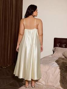 Slumberist Plus Size Spaghetti Strap Nightgown, Contrast Color Lace Patchwork Big Bow Decor Deep V-Neck Sexy Maxi Dress, Beige - Beige - View 2