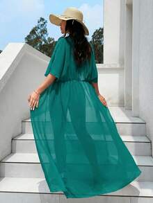 Breezaya Damen einfarbiger Kimono mit Fledermausärmeln, locker geschnitten, lang - Taubenblau - Übersicht 1