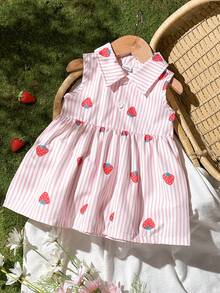SHEIN Vintaside Kids 女婴无袖甜美可爱草莓条纹印花Polo领连衣裙，适合户外玩耍、度假、聚会及其他日常穿着场合。 - 粉色 - 查看 4