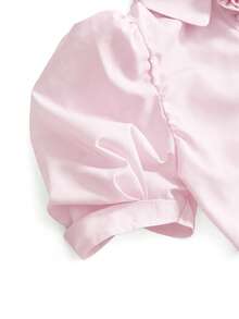 Sweetness Sweet Girl's Pink Striped Cropped Puff Sleeve Floral Decor Blouse - Pink - View 4