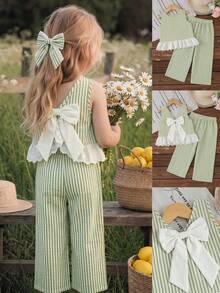 Emery Rose Kids Emery Rose Kids 2件套少女格子圆领休闲背心和裤子套装 - 綠色 - 查看 2