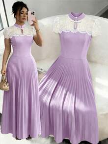 SHEIN Clasi Stand Collar Lace Fabric Splicing Contrasting Color Waist Cinching Elegant Casual Women's Pleated Dress Wedding Dinner White Summer - Multicolor - View 3