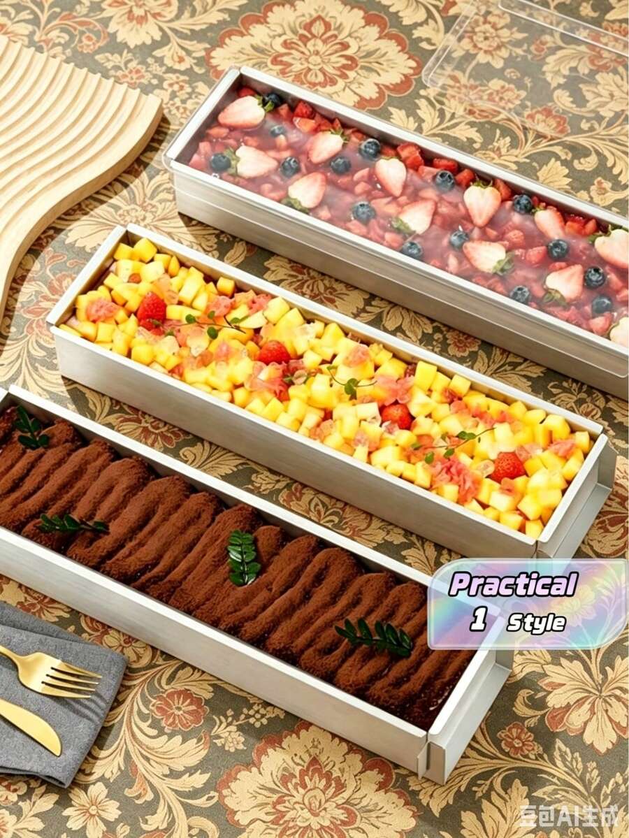 1pc Rectangular Aluminum Baking Tray, Suitable For Tiramisu, Cheesecake, Mousse, With Fixed Bottom - Handmade Kitchen Bakeware, Ideal For Christmas - Multicolor - View 1